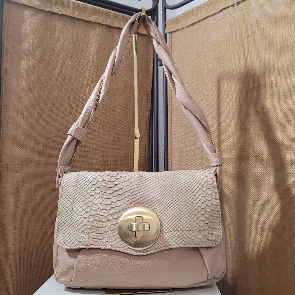 Vince Camuto Tan Smooth Napa Leather and Reptile Pathern Flat  Shoulder Bag